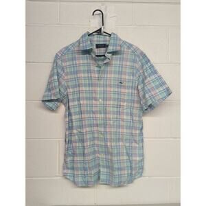 NEW Vineyard Vines szMedium green blue pink plaid short sleeve casual shirt